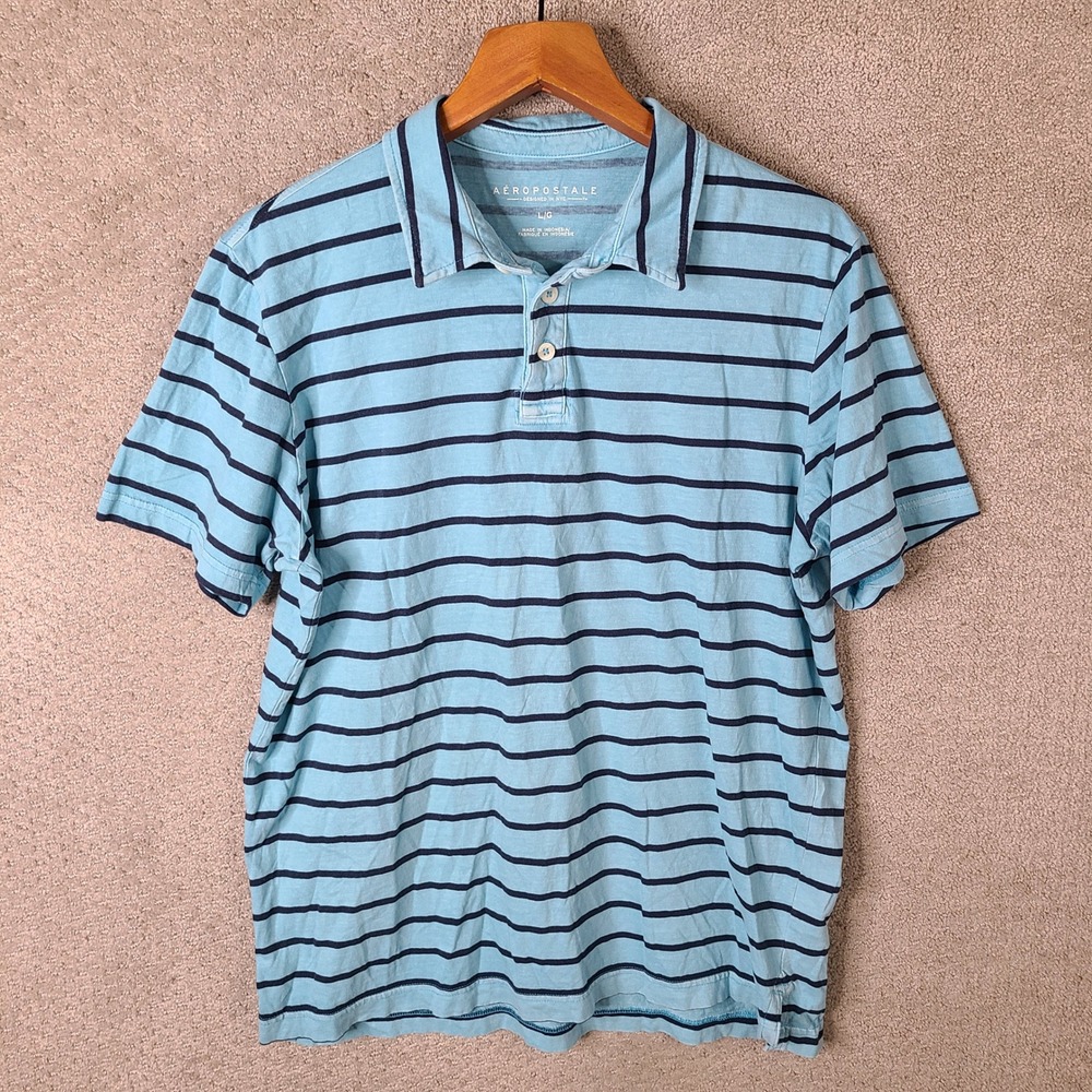 Aeropostale Shirt Mens Large Blue Striped Polo Short Sleeve Cotton Casual Preppy